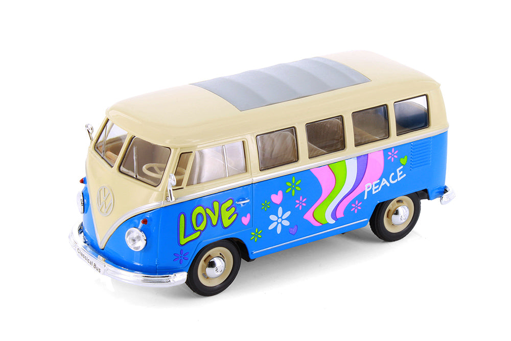 1963 Volkswagen VW T1 Bus Van - BLUE - Peace & Love 1/24 Diecast Model by Welly